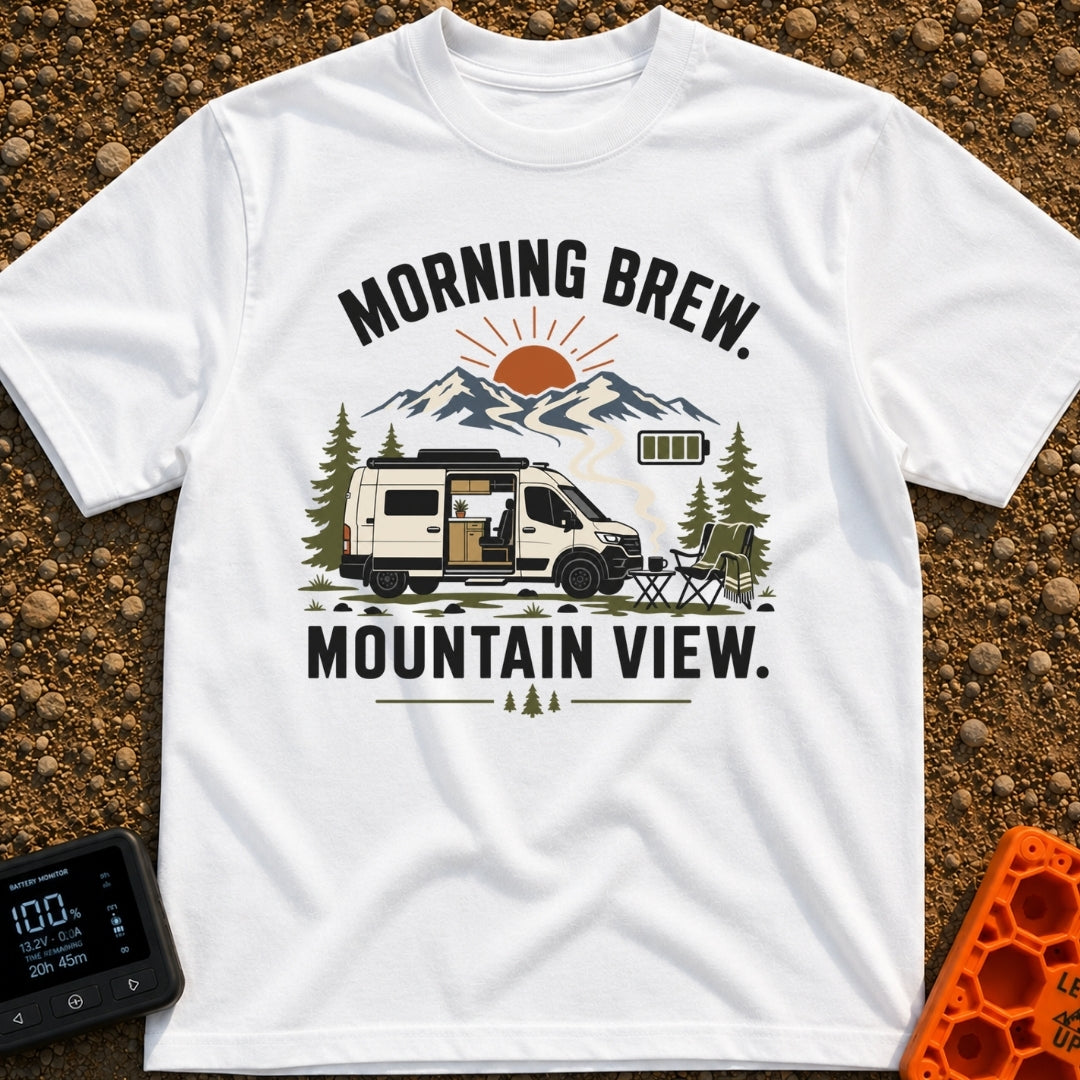 Brew With A View - T-Shirt in White - A white camper van with its side door open to reveal interior cabinets and a potted...