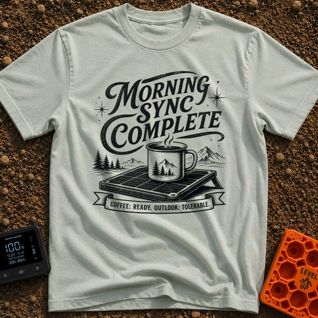 Synced And Ready - T-Shirt in Bay - A black and white illustration showing a steaming camp mug resting on a portable...