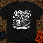 Synced And Ready - T-Shirt in Black - A black and white illustration showing a steaming camp mug resting on a portable...