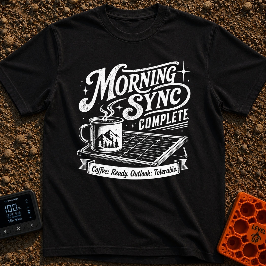 Synced And Ready - T-Shirt in Black - A black and white illustration showing a steaming camp mug resting on a portable...