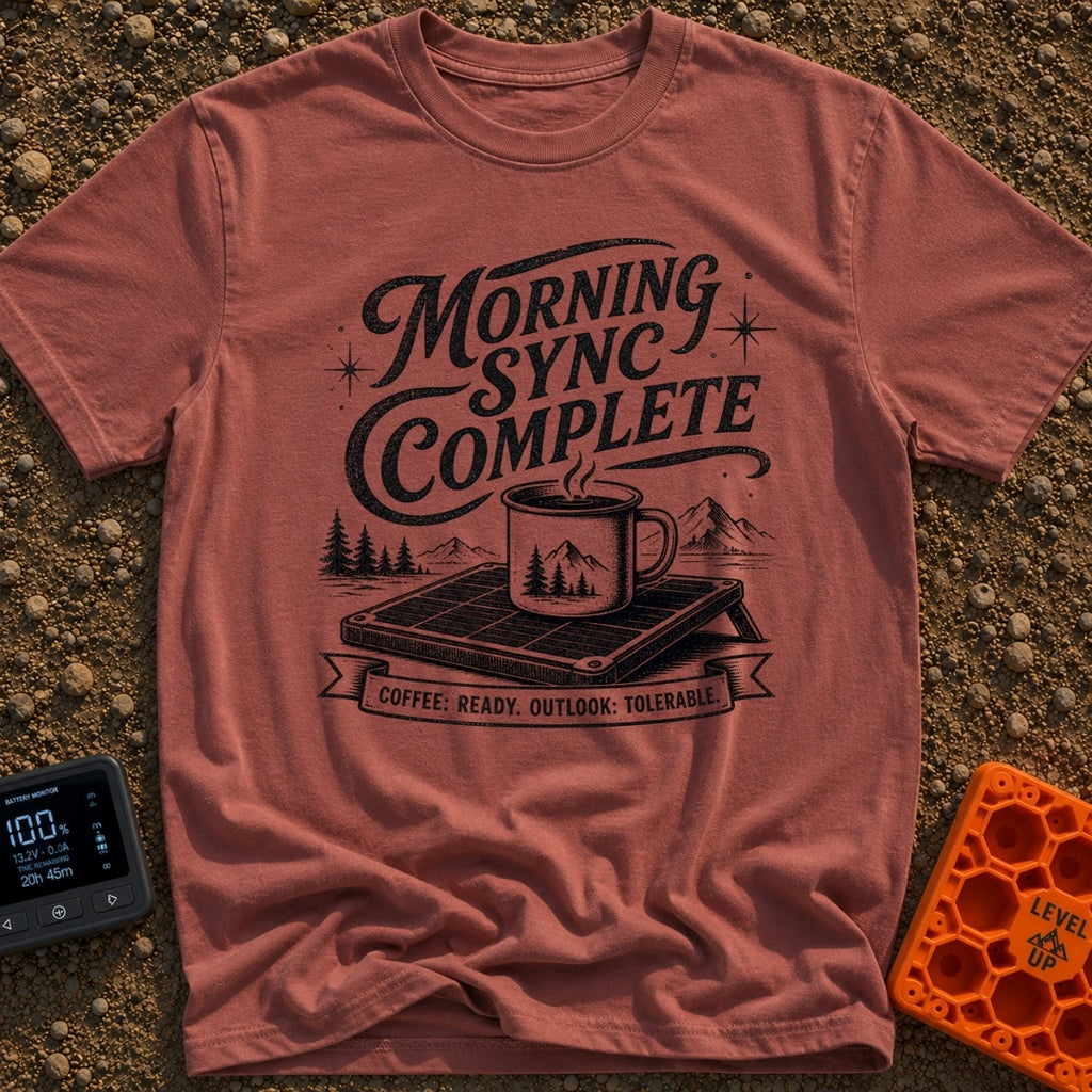 Synced And Ready - T-Shirt in Brick - A black and white illustration showing a steaming camp mug resting on a portable...