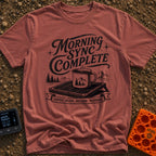 Synced And Ready - T-Shirt in Brick - A black and white illustration showing a steaming camp mug resting on a portable...