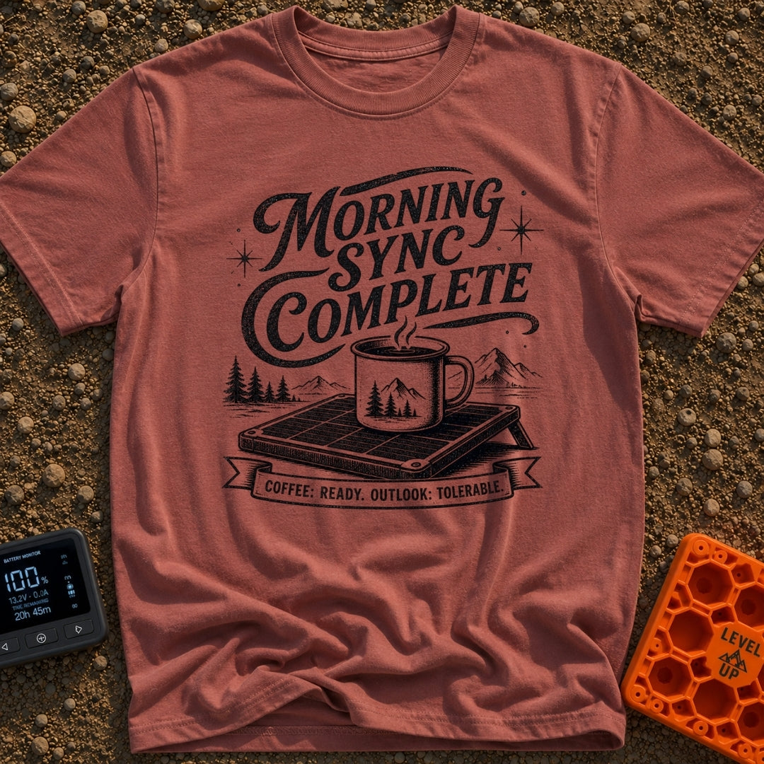 Synced And Ready - T-Shirt in Brick - A black and white illustration showing a steaming camp mug resting on a portable...