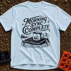 Synced And Ready - T-Shirt in Chambray - A black and white illustration showing a steaming camp mug resting on a portable...
