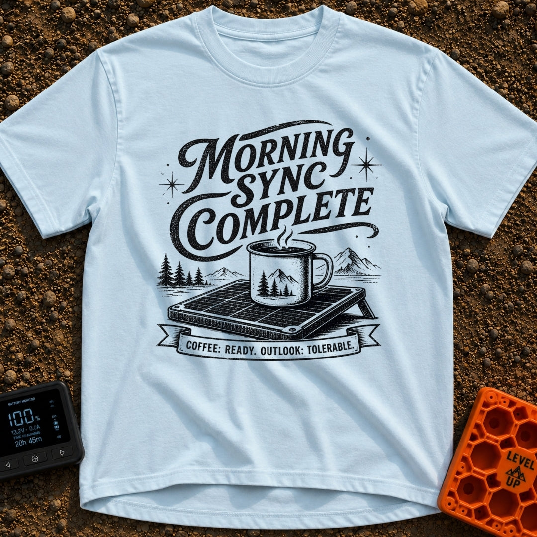 Synced And Ready - T-Shirt in Chambray - A black and white illustration showing a steaming camp mug resting on a portable...