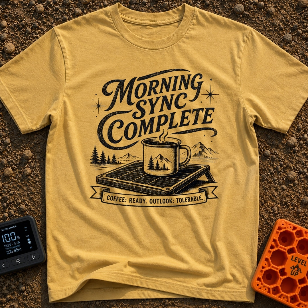 Synced And Ready - T-Shirt in Mustard - A black and white illustration showing a steaming camp mug resting on a portable...
