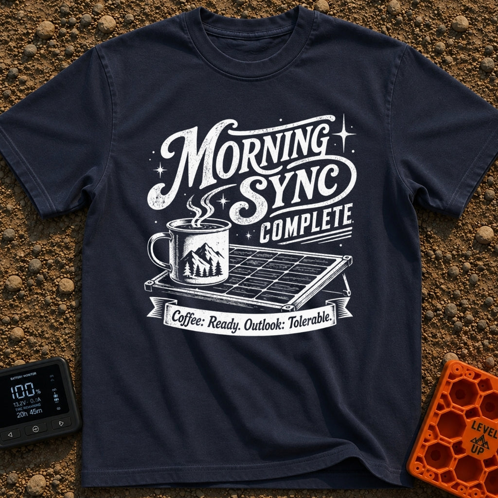 Synced And Ready - T-Shirt in Navy - A black and white illustration showing a steaming camp mug resting on a portable...