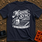 Synced And Ready - T-Shirt in Navy - A black and white illustration showing a steaming camp mug resting on a portable...