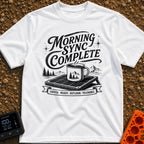 Synced And Ready - T-Shirt in White - A black and white illustration showing a steaming camp mug resting on a portable...