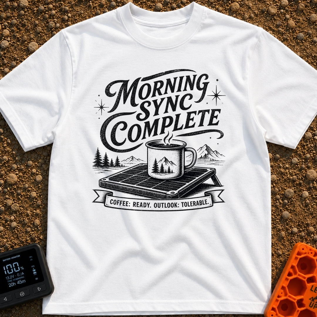 Synced And Ready - T-Shirt in White - A black and white illustration showing a steaming camp mug resting on a portable...