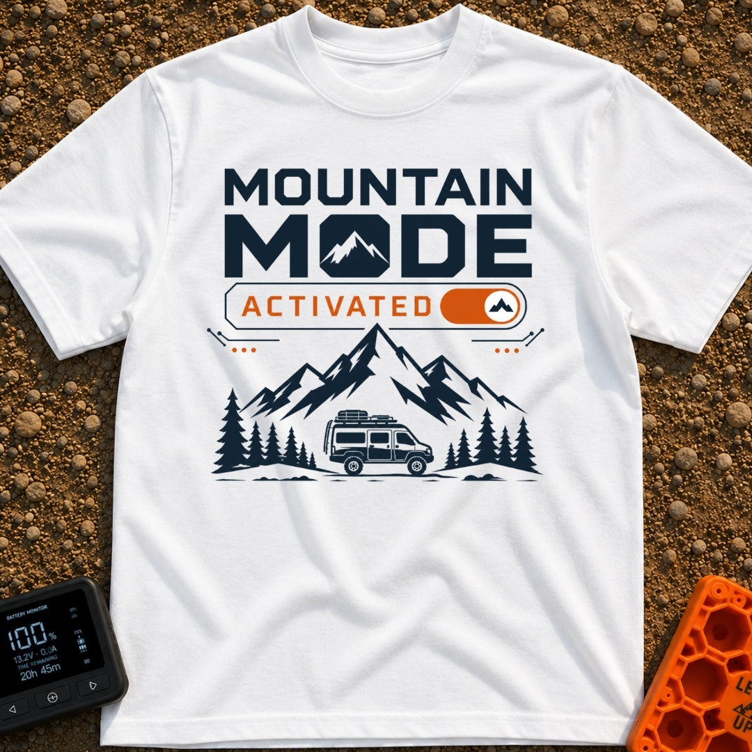 Mountain Mode On - T-Shirt in White - The design features bold text reading "MOUNTAIN MODE" above an orange digital...