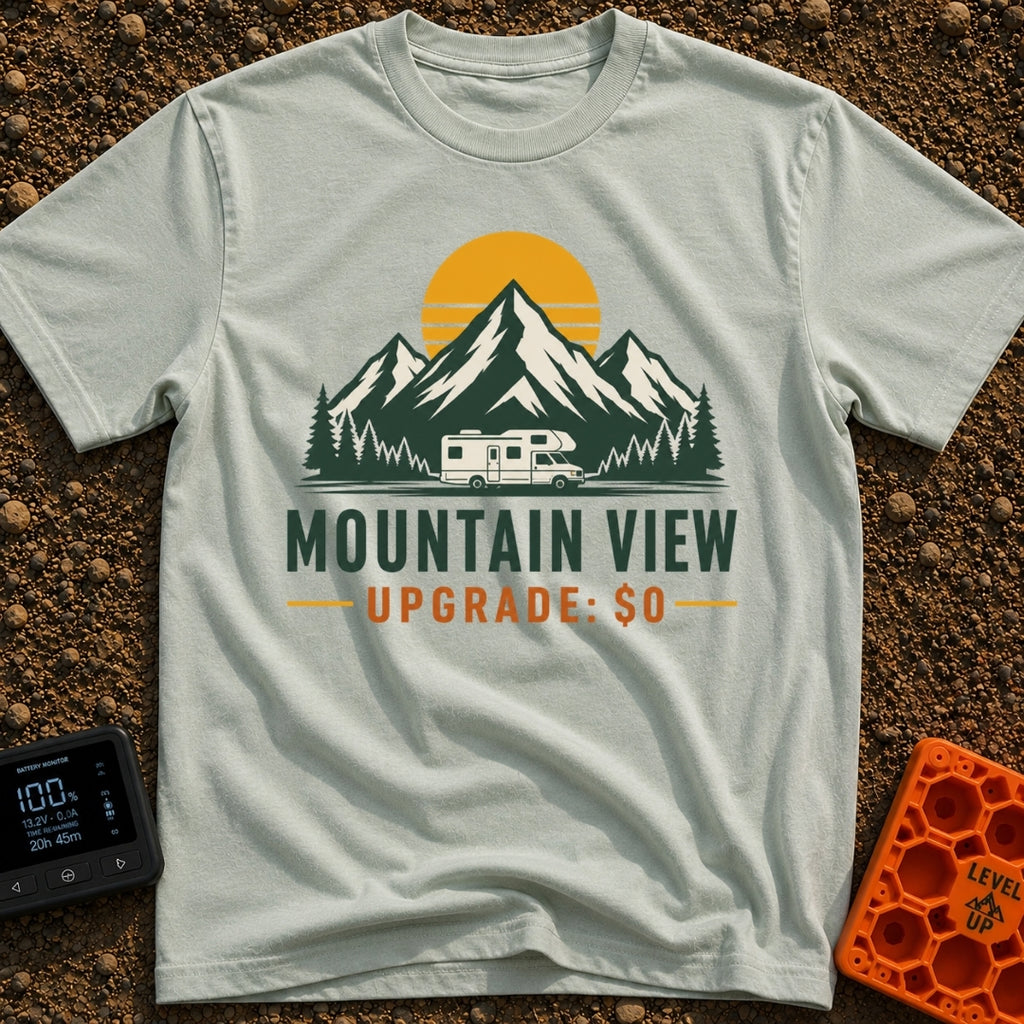 Peak View Upgrade - T-Shirt in Bay - A graphical illustration of a Class C motorhome parked in front of a pine forest and...
