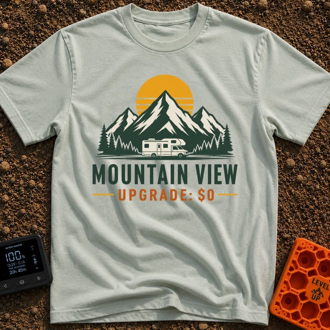 Peak View Upgrade - T-Shirt in Bay - A graphical illustration of a Class C motorhome parked in front of a pine forest and...
