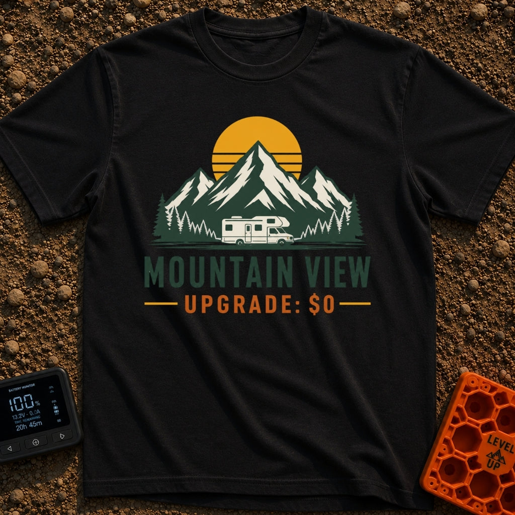 Peak View Upgrade - T-Shirt in Black - A graphical illustration of a Class C motorhome parked in front of a pine forest...