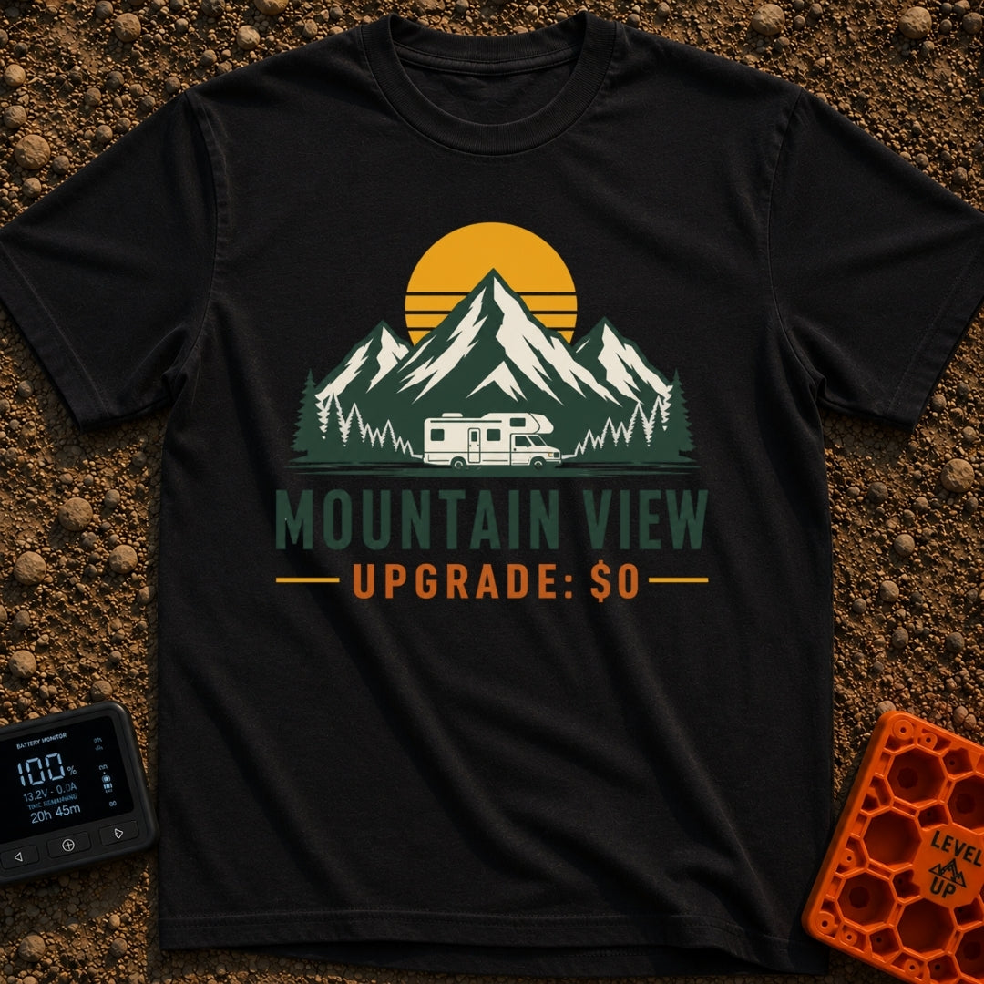 Peak View Upgrade - T-Shirt in Black - A graphical illustration of a Class C motorhome parked in front of a pine forest...