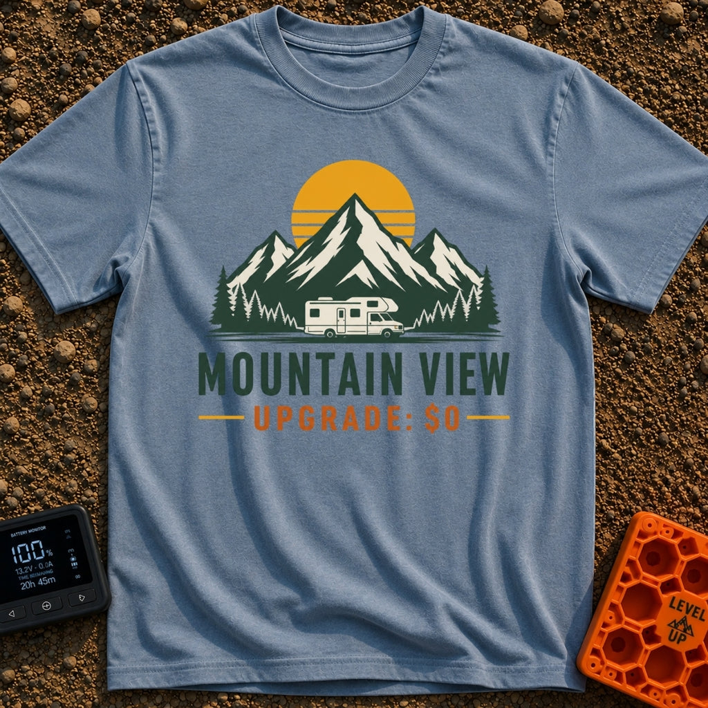 Peak View Upgrade - T-Shirt in Blue Jean - A graphical illustration of a Class C motorhome parked in front of a pine...