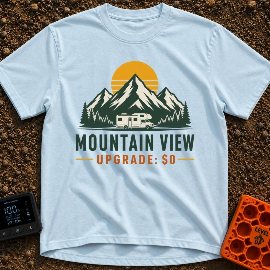 Peak View Upgrade - T-Shirt in Chambray - A graphical illustration of a Class C motorhome parked in front of a pine...