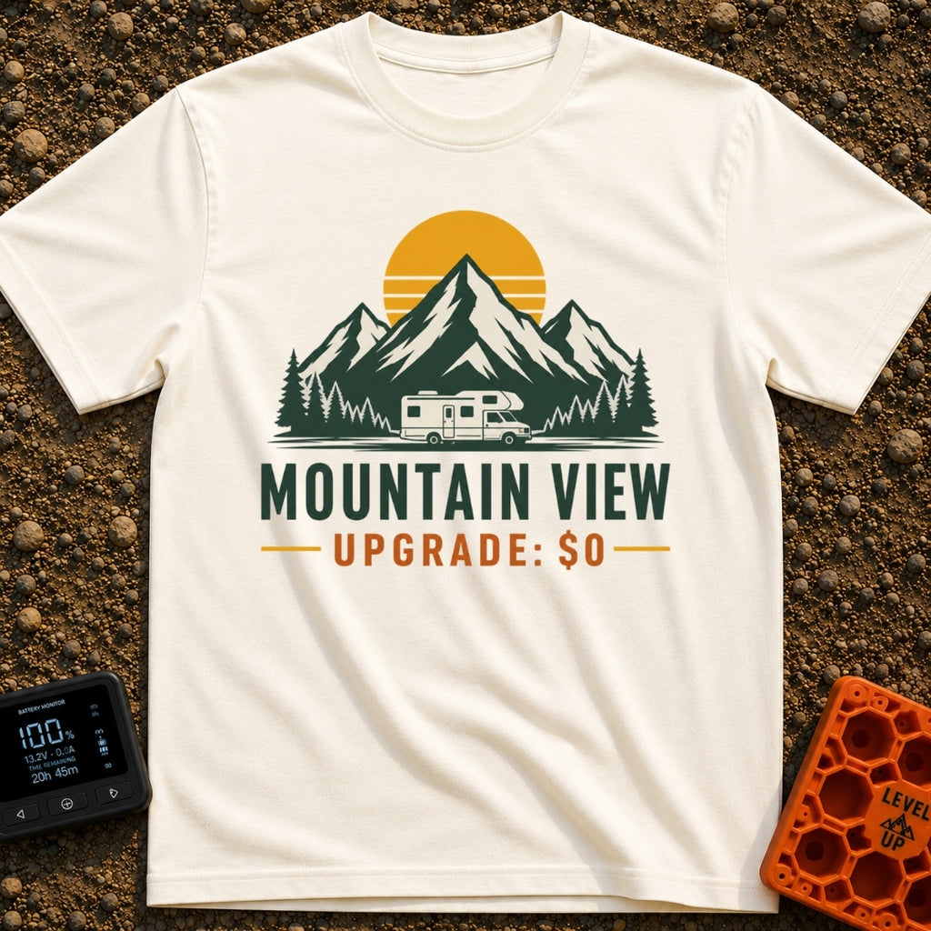 Peak View Upgrade - T-Shirt in Ivory - A graphical illustration of a Class C motorhome parked in front of a pine forest...