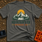Peak View Upgrade - T-Shirt in Pepper - A graphical illustration of a Class C motorhome parked in front of a pine forest...