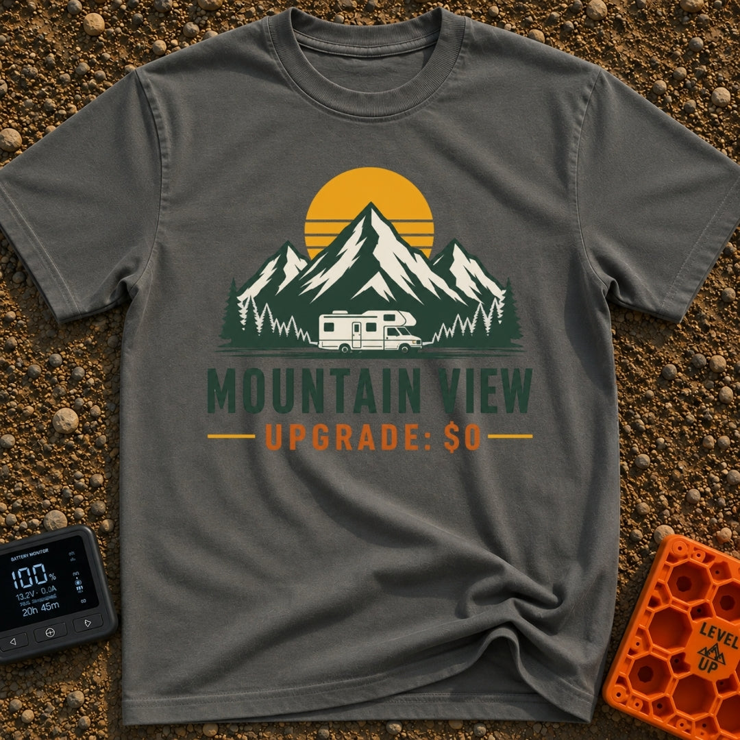 Peak View Upgrade - T-Shirt in Pepper - A graphical illustration of a Class C motorhome parked in front of a pine forest...
