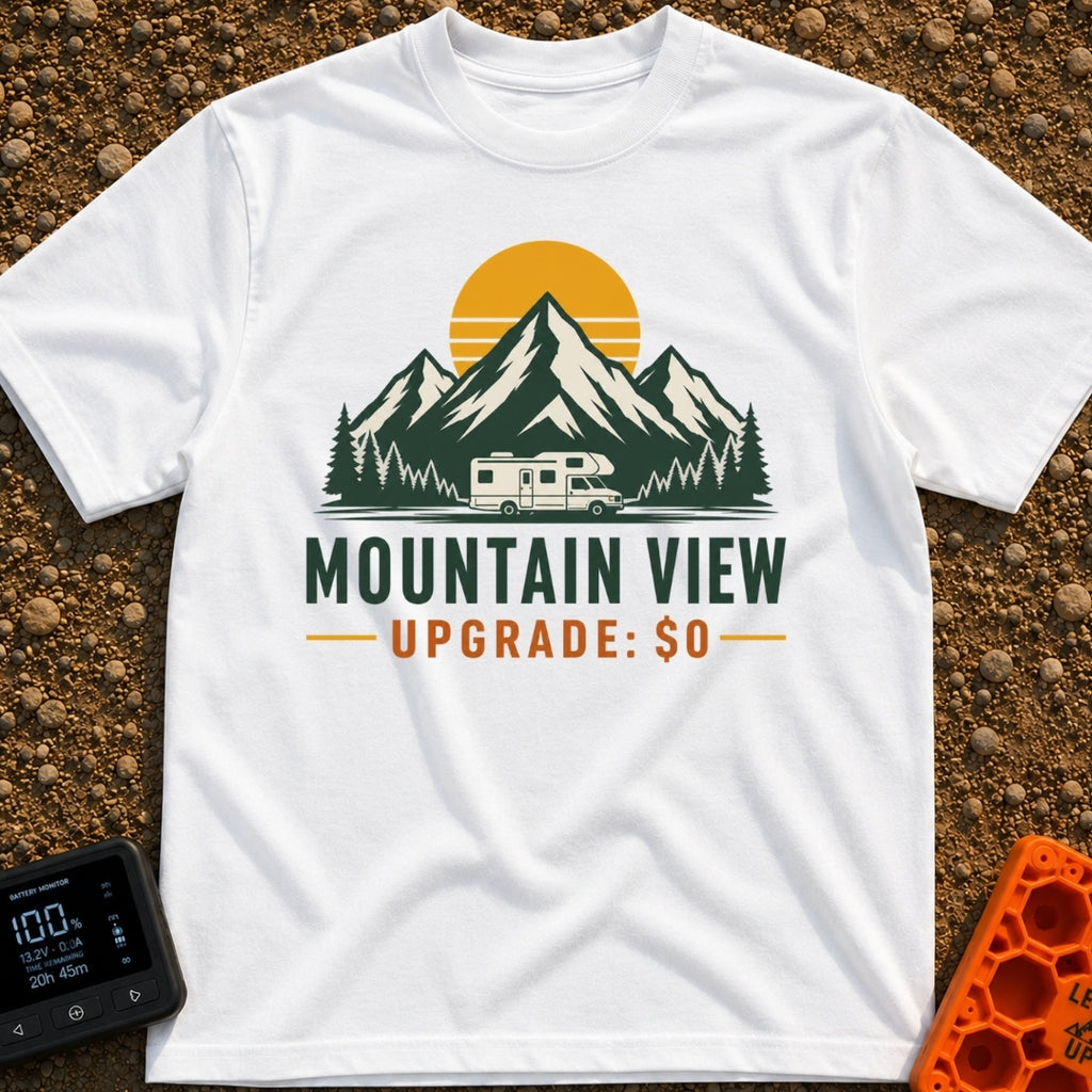 Peak View Upgrade - T-Shirt in White - A graphical illustration of a Class C motorhome parked in front of a pine forest...