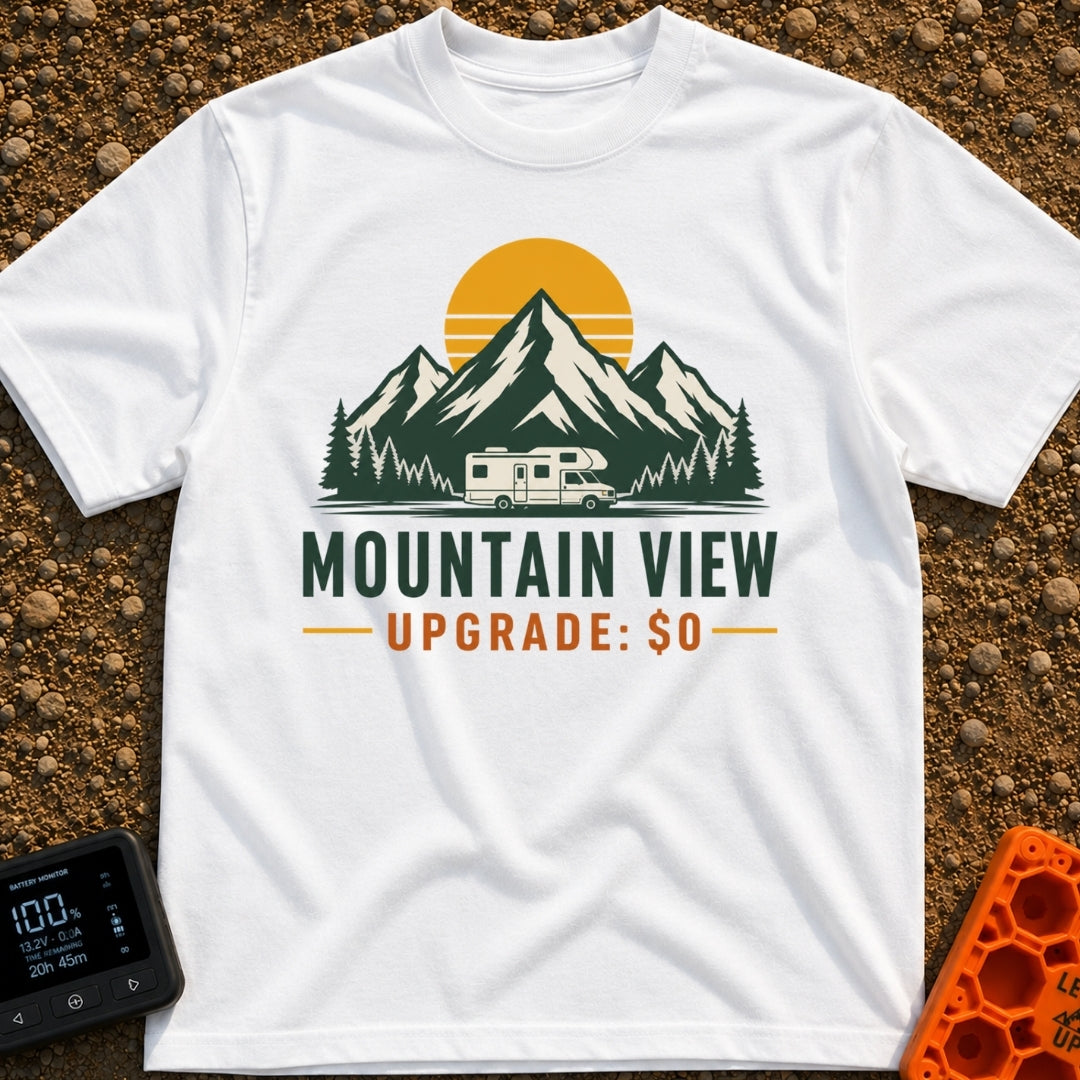 Peak View Upgrade - T-Shirt in White - A graphical illustration of a Class C motorhome parked in front of a pine forest...