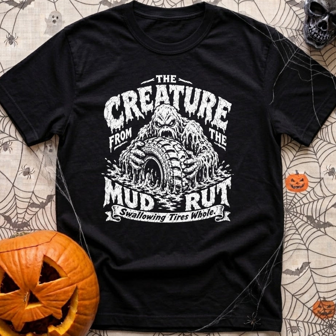 Mud Sweat And Gears - T-Shirt in Black - A distressed black and white illustration of a dripping mud monster aggressively...