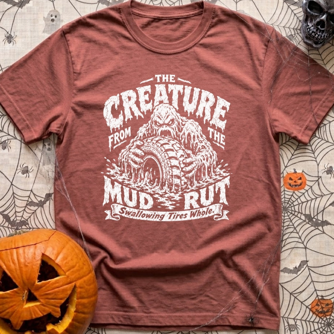 Mud Sweat And Gears - T-Shirt in Brick - A distressed black and white illustration of a dripping mud monster aggressively...