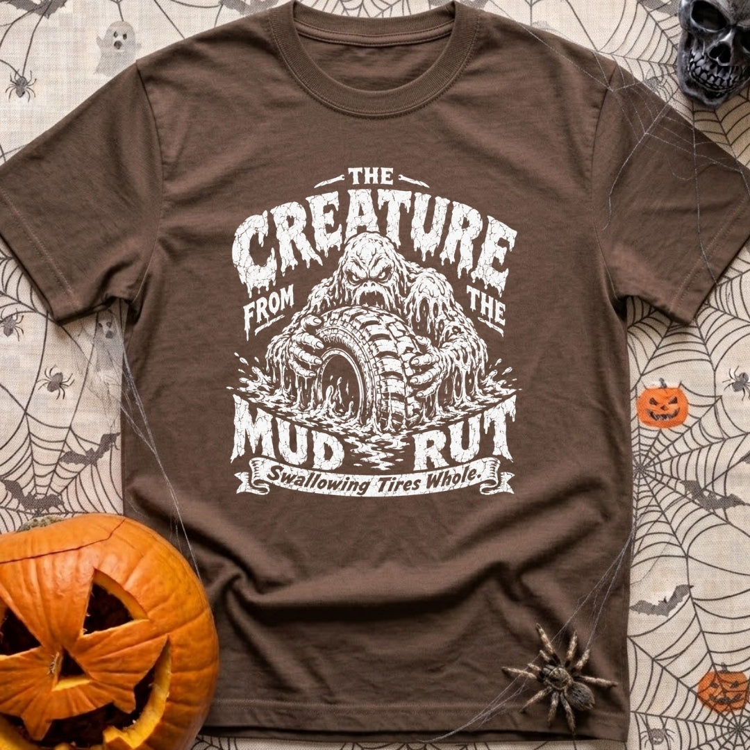Mud Sweat And Gears - T-Shirt in Espresso - A distressed black and white illustration of a dripping mud monster...
