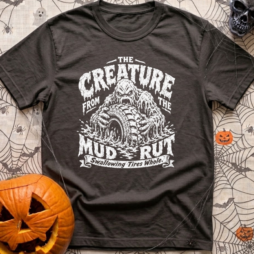 Mud Sweat And Gears - T-Shirt in Graphite - A distressed black and white illustration of a dripping mud monster...