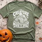 Mud Sweat And Gears - T-Shirt in Moss - A distressed black and white illustration of a dripping mud monster aggressively...