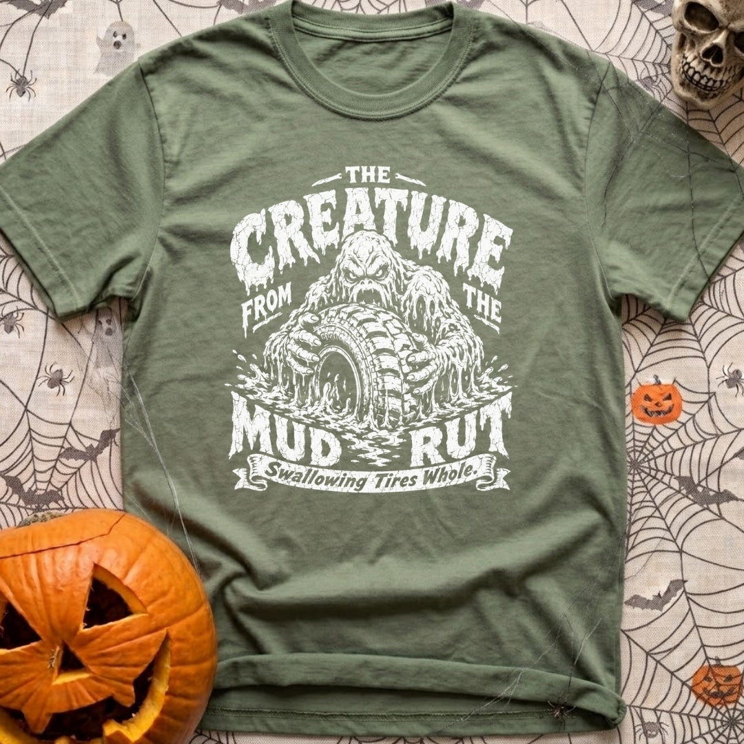 Mud Sweat And Gears - T-Shirt in Moss - A distressed black and white illustration of a dripping mud monster aggressively...