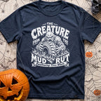 Mud Sweat And Gears - T-Shirt in Navy - A distressed black and white illustration of a dripping mud monster aggressively...
