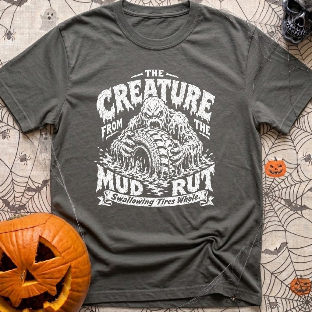 Mud Sweat And Gears - T-Shirt in Pepper - A distressed black and white illustration of a dripping mud monster...