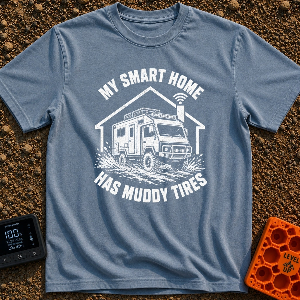 All Terrain Smart Home - T-Shirt in Blue Jean - A black and white illustration of a rugged 4x4 camper splashing through...