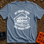 All Terrain Smart Home - T-Shirt in Blue Jean - A black and white illustration of a rugged 4x4 camper splashing through...