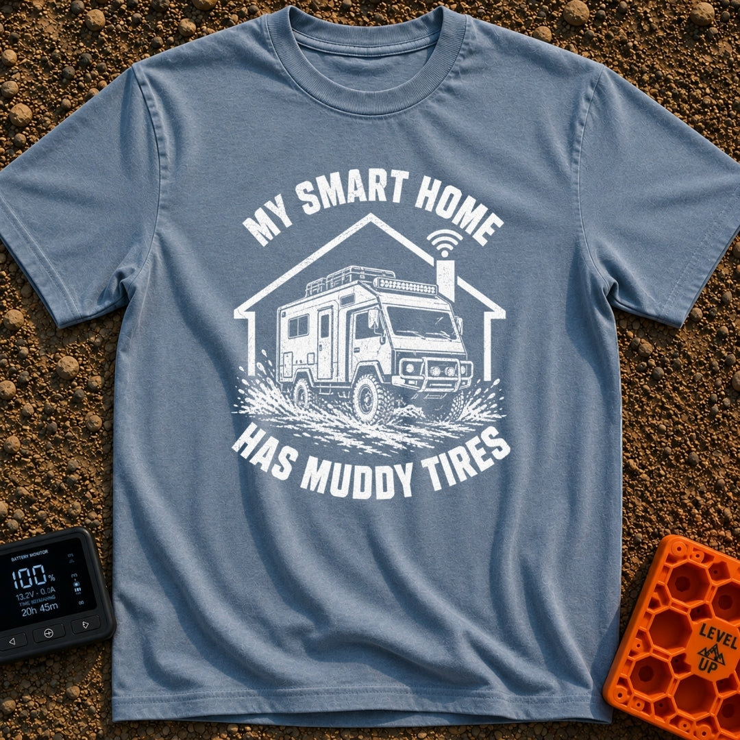 All Terrain Smart Home - T-Shirt in Blue Jean - A black and white illustration of a rugged 4x4 camper splashing through...