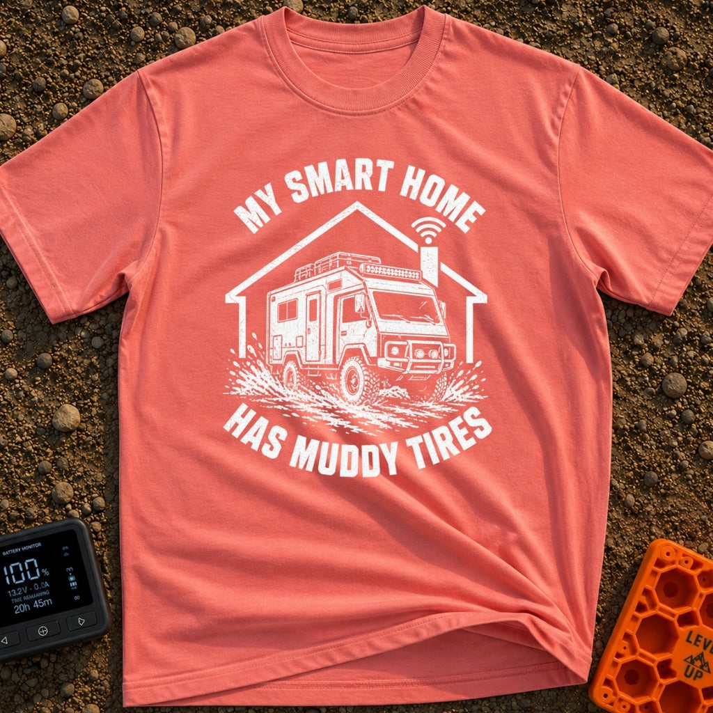 All Terrain Smart Home - T-Shirt in Watermelon - A black and white illustration of a rugged 4x4 camper splashing through...