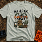 Camping Is My 401K - T-Shirt in Bay - The artwork features the text "MY 401K IS MOSTLY CAMPING GEAR" above illustrations...