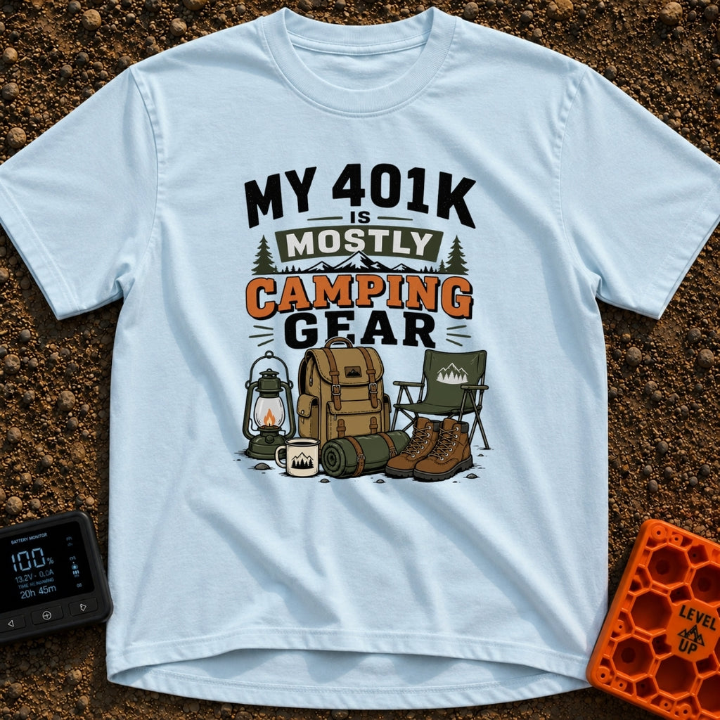 Camping Is My 401K - T-Shirt in Chambray - The artwork features the text "MY 401K IS MOSTLY CAMPING GEAR" above...