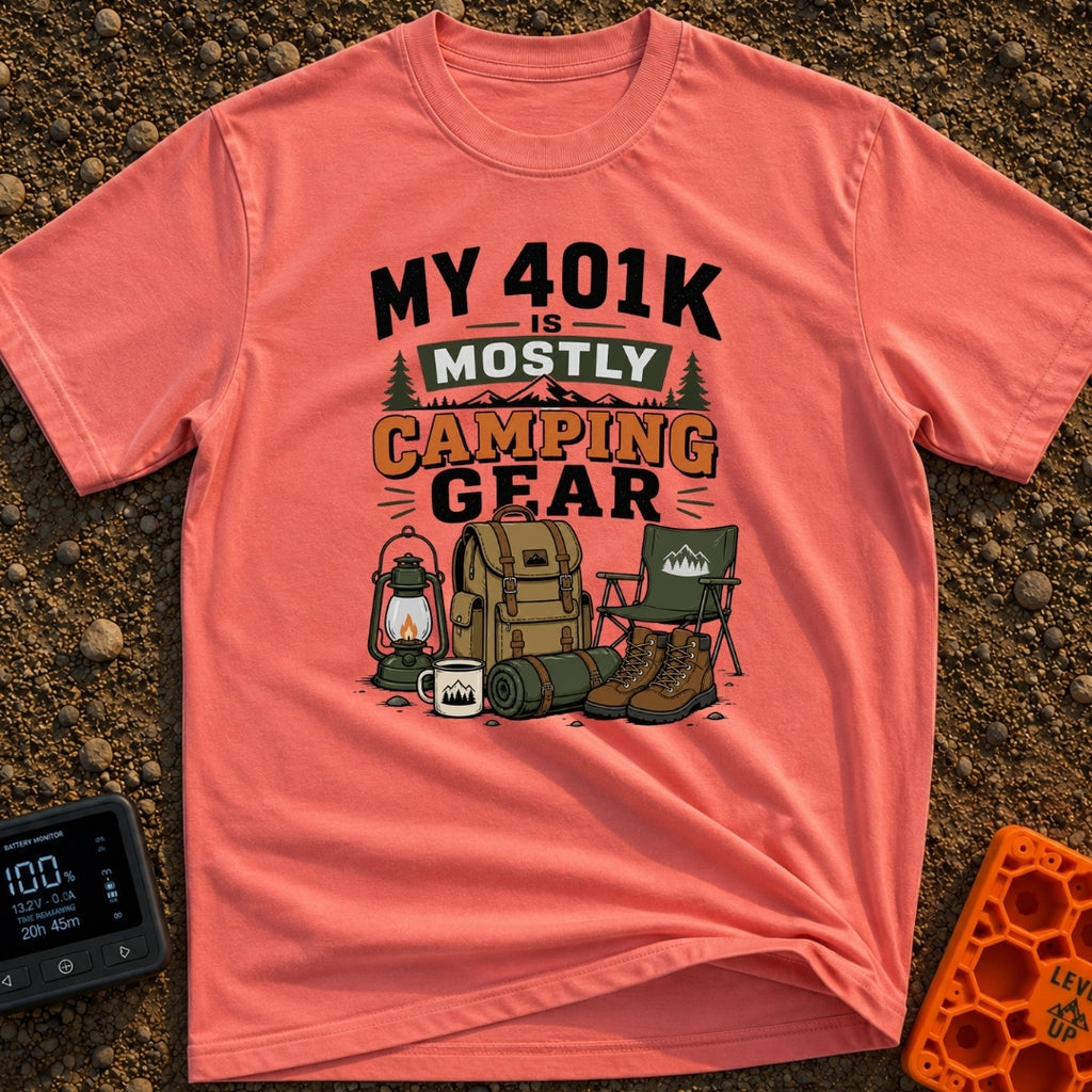Camping Is My 401K - T-Shirt in Watermelon - The artwork features the text "MY 401K IS MOSTLY CAMPING GEAR" above...