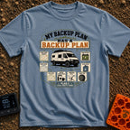 Plans On Plans - T-Shirt in Blue Jean - An infographic-style illustration featuring a camper van in the center,...