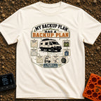 Plans On Plans - T-Shirt in Ivory - An infographic-style illustration featuring a camper van in the center, surrounded by...
