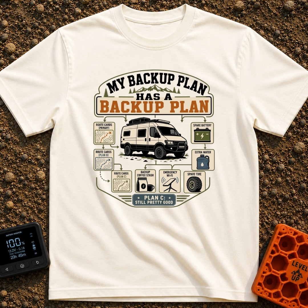 Plans On Plans - T-Shirt in Ivory - An infographic-style illustration featuring a camper van in the center, surrounded by...