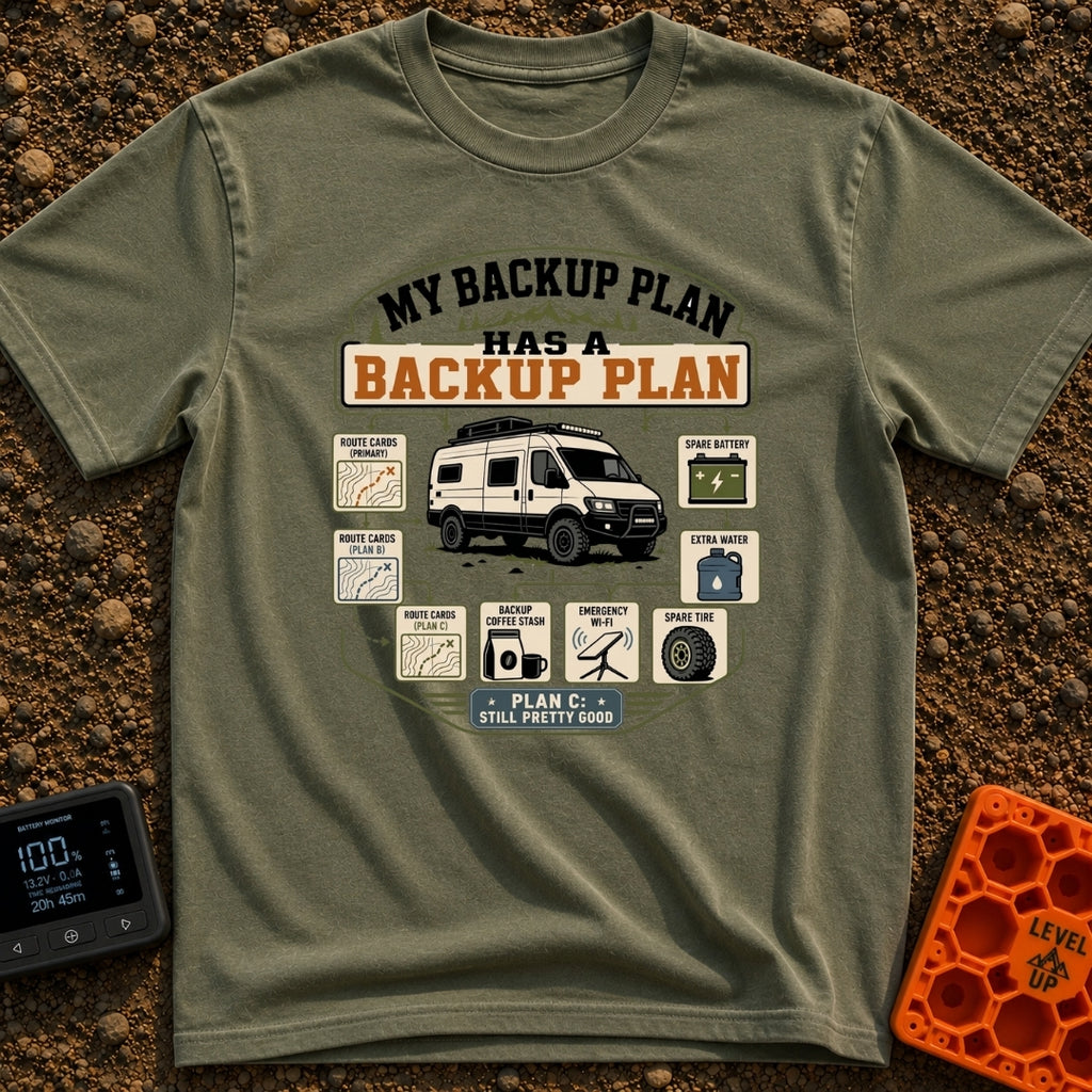 Plans On Plans - T-Shirt in Moss - An infographic-style illustration featuring a camper van in the center, surrounded by...