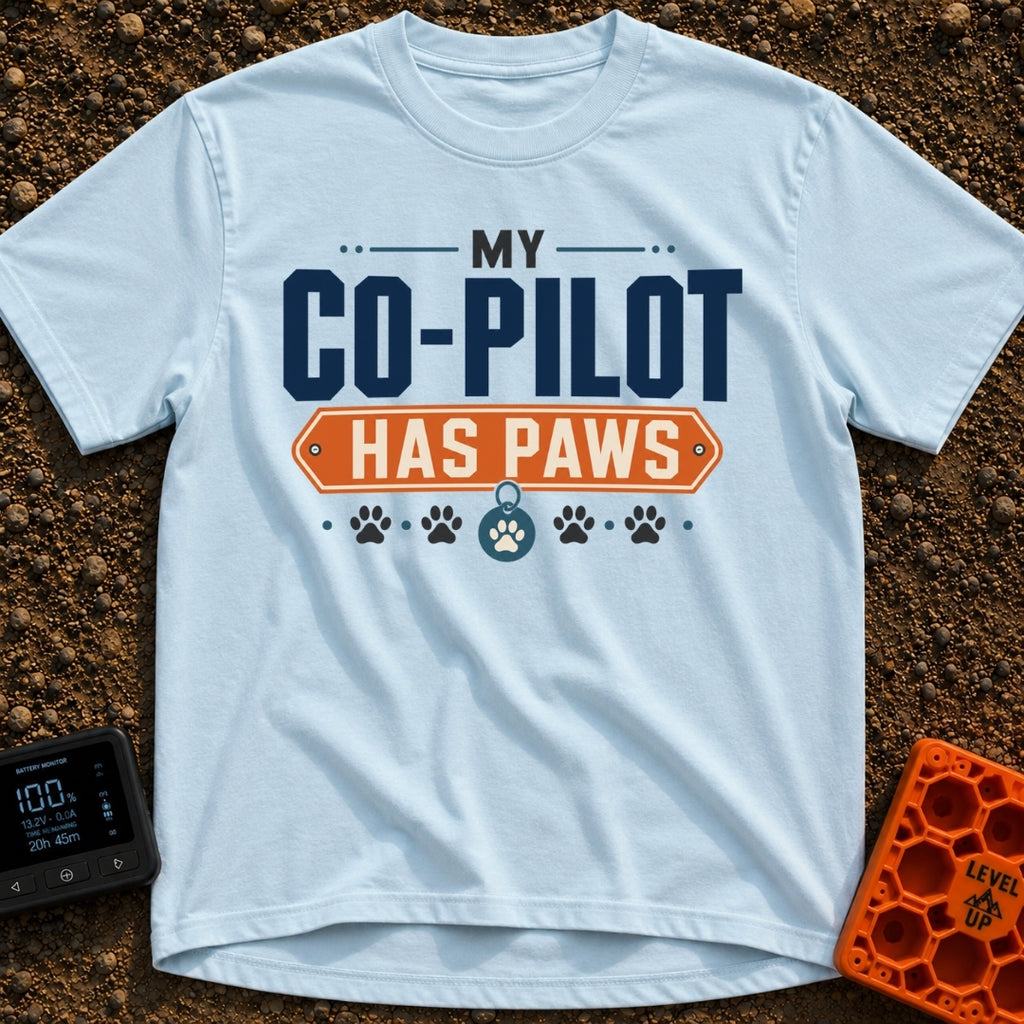 My Copilot Has Paws - T-Shirt in Chambray - A typography-based design featuring the text 'MY CO-PILOT' in large blue...