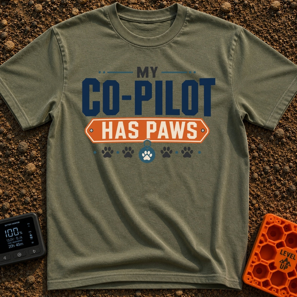 My Copilot Has Paws - T-Shirt in Moss - A typography-based design featuring the text 'MY CO-PILOT' in large blue letters...