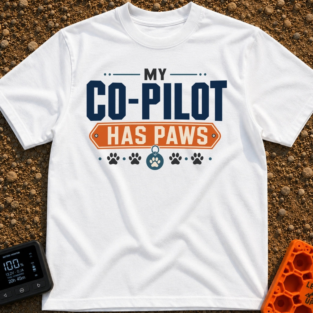 My Copilot Has Paws - T-Shirt in White - A typography-based design featuring the text 'MY CO-PILOT' in large blue letters...