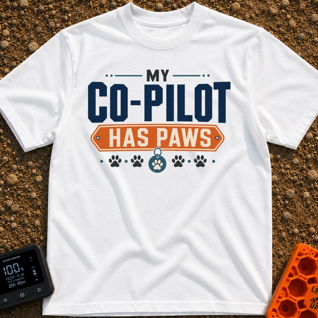 My Copilot Has Paws - T-Shirt in White - A typography-based design featuring the text 'MY CO-PILOT' in large blue letters...