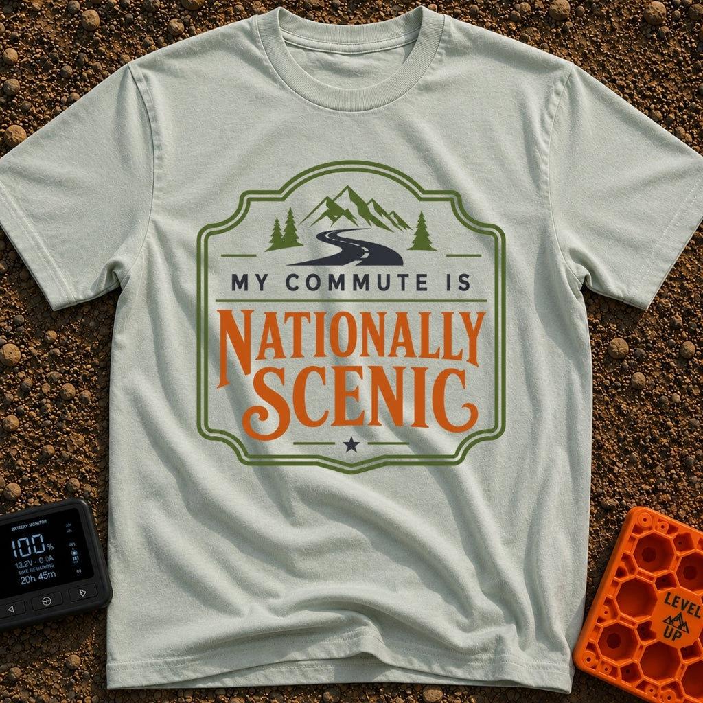 My Nationally Scenic Commute - T-Shirt in Bay - A vintage-style badge design featuring a winding black road leading...